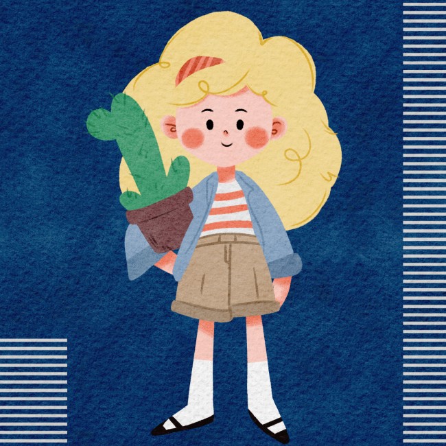 今天的小画：抱仙人掌的女孩